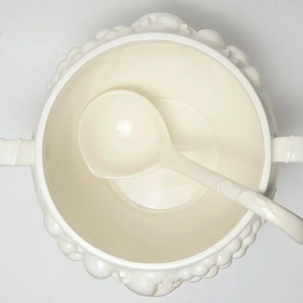 Vintage Signature Japan White Ceramic Soup Tureen Lid Ladle MCM Serving Bowl